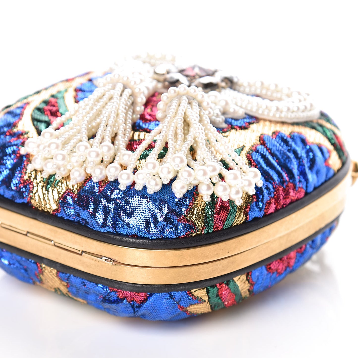 Brocade Pearl Bow Sandy Flow Chain Clutch Gold Blue Royal Multicolor