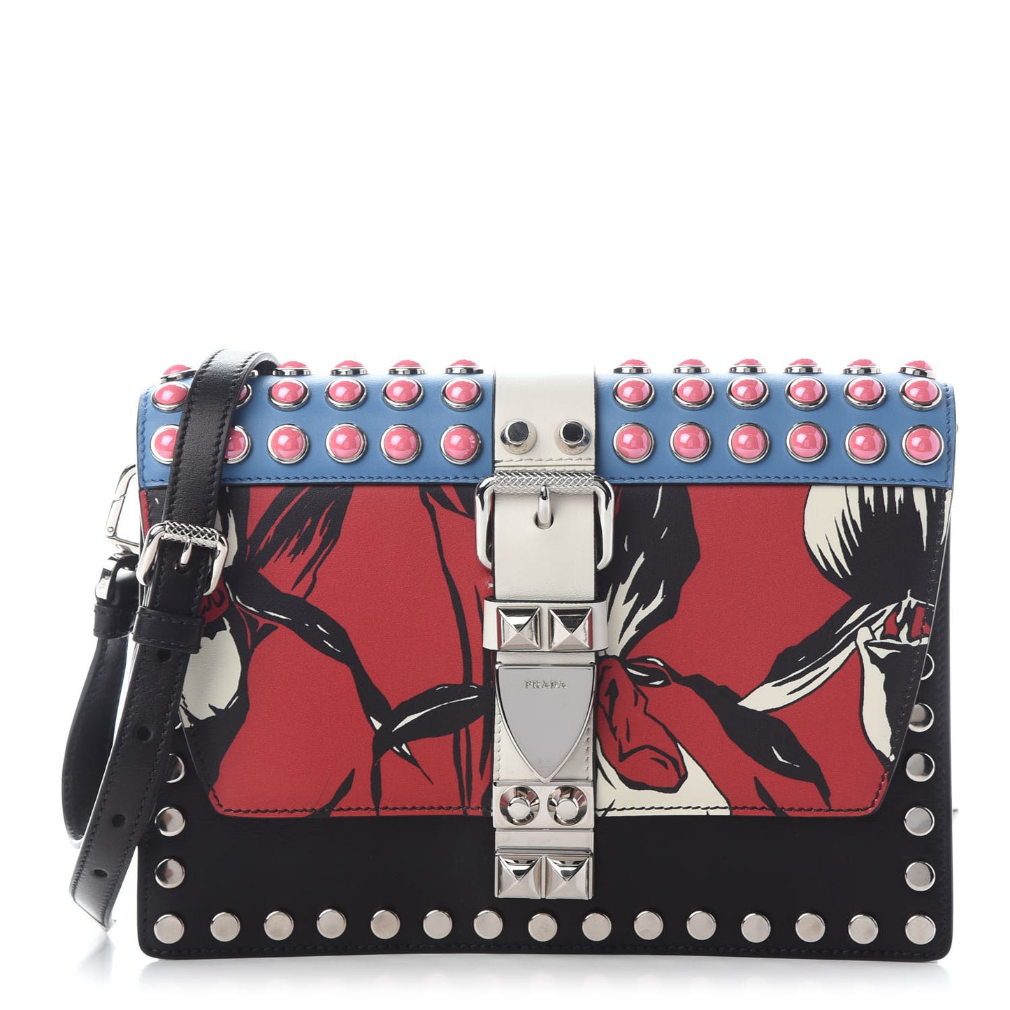 City Calfskin Orchid Print Studded Elektra Shoulder Bag Fuoco Black