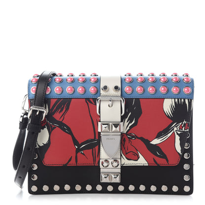 Prada City Calfskin Orchid Print Studded Elektra Shoulder Bag Fuoco Black 1 of 8