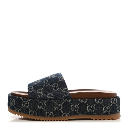 Gucci New Denim GG Monogram Angelina Platform 55mm Slide Sandals 37 Blue Tea 1 of 8