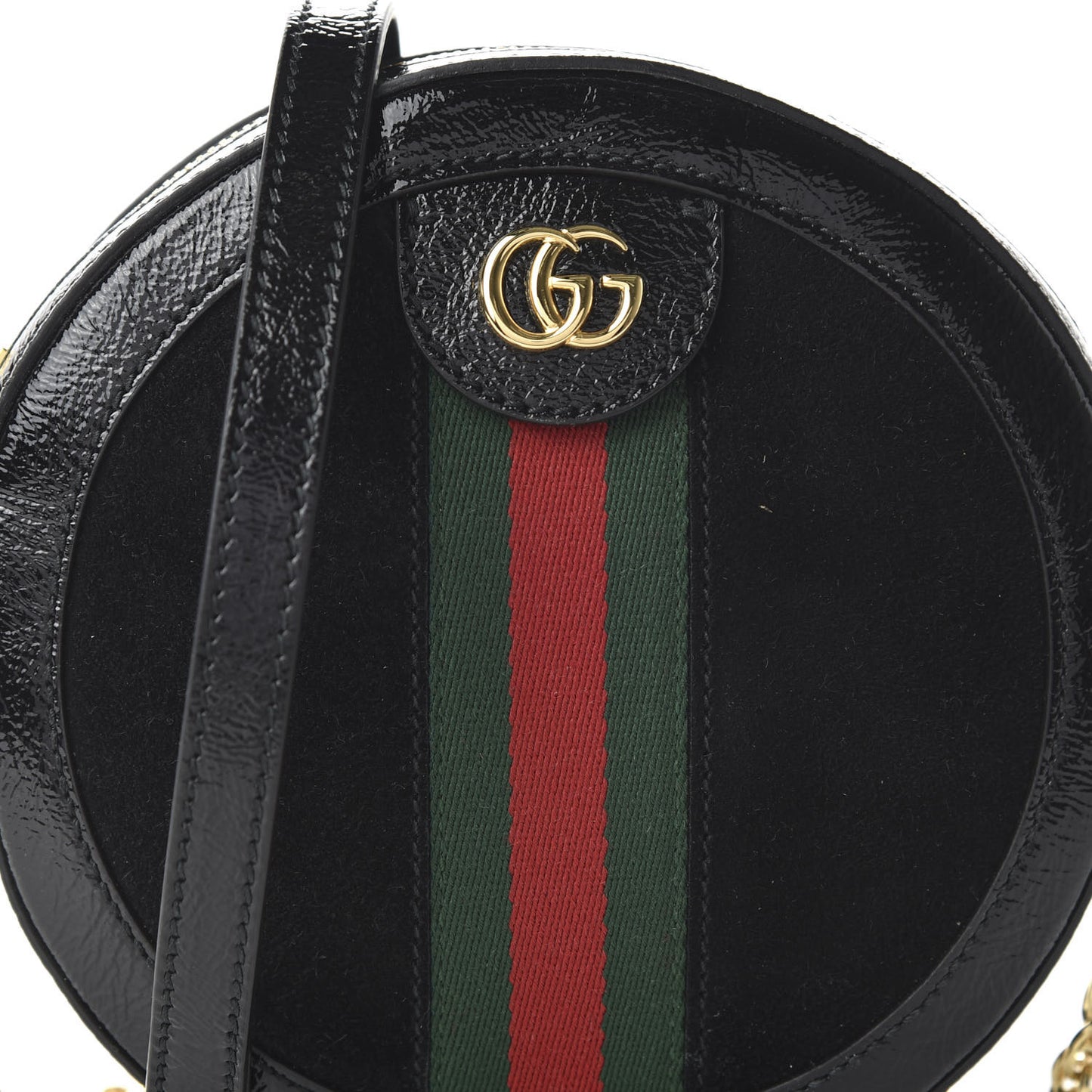 Suede Patent Web Mini Ophidia Round Shoulder Bag Black