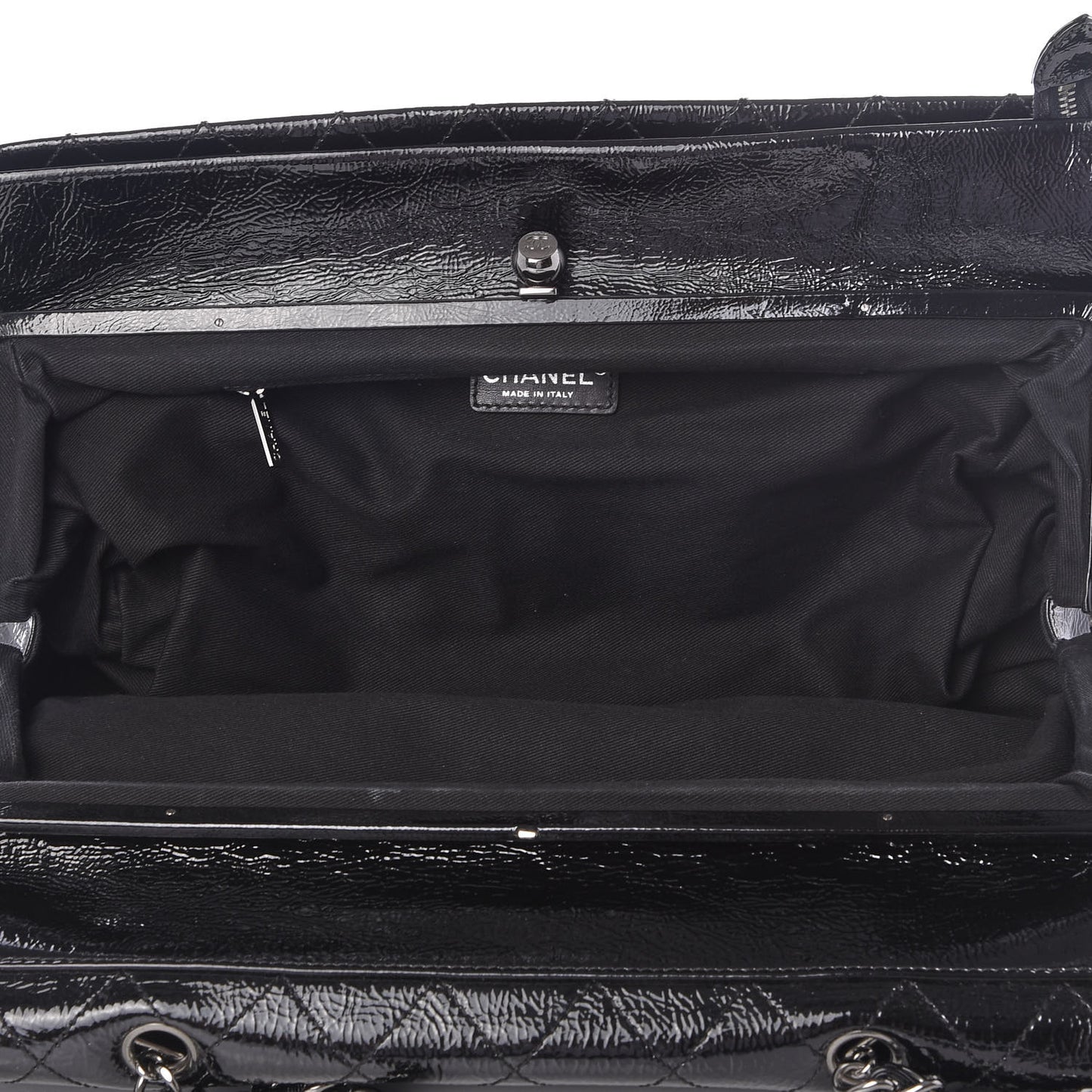 Distressed Patent Quilted Ritz Flap Bag Black