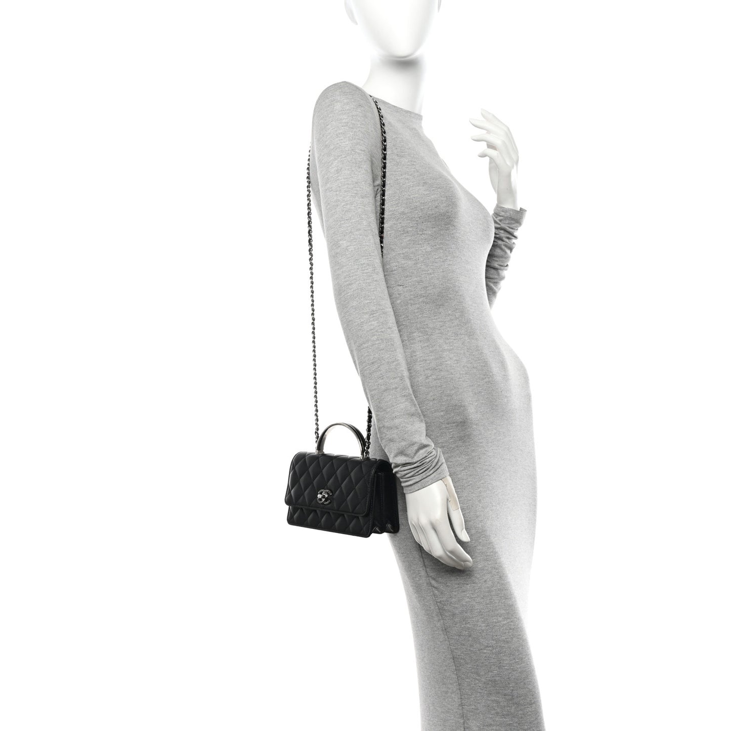 Lambskin Quilted Metal Top Handle Crossbody Flap Black