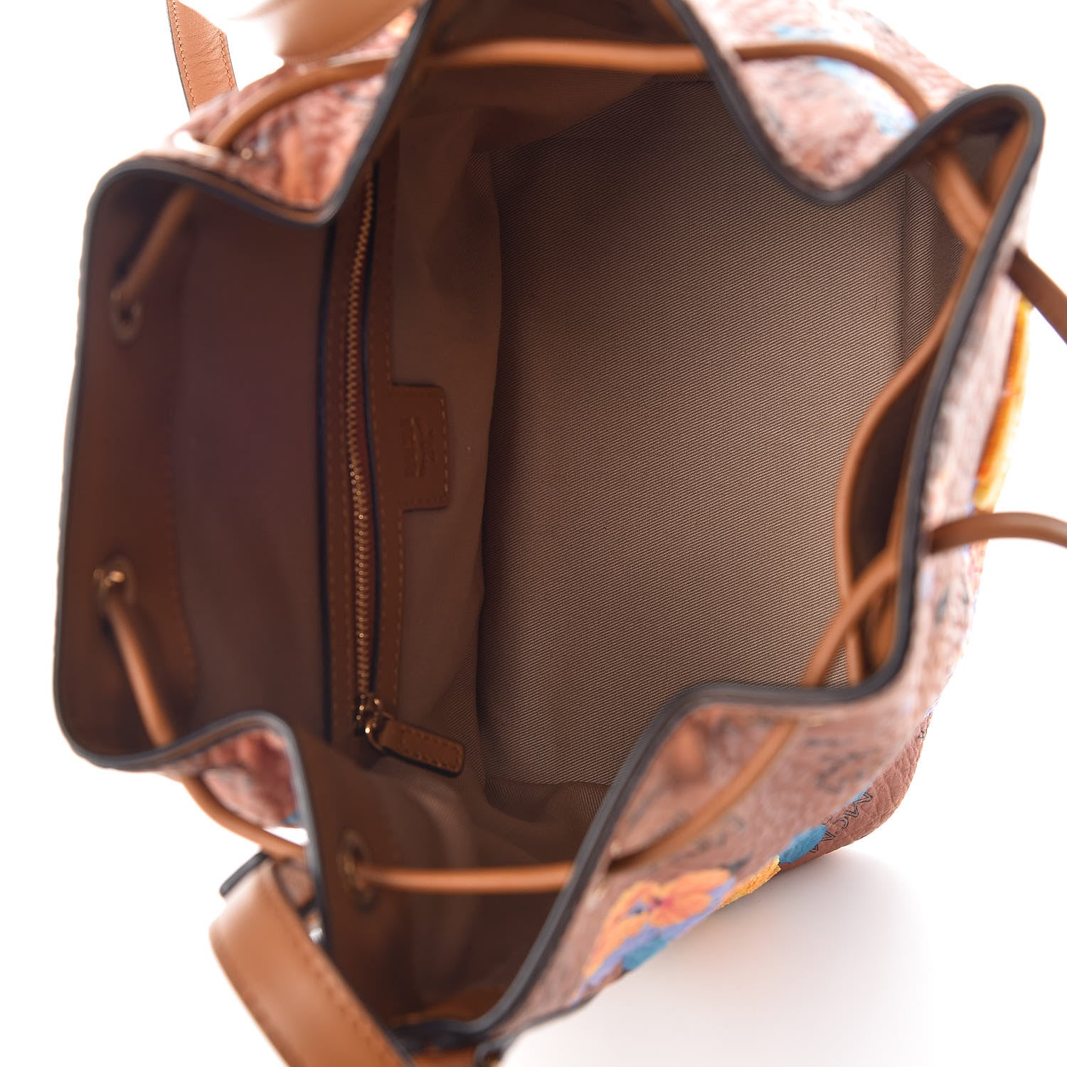 MCM Visetos Floral Print Small Drawstring Bucket Bag Cognac 8 of 10