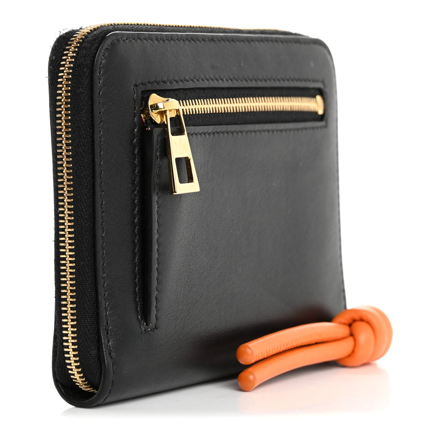 Calfskin Compact Knot Zip Around Wallet Black Bright Orange