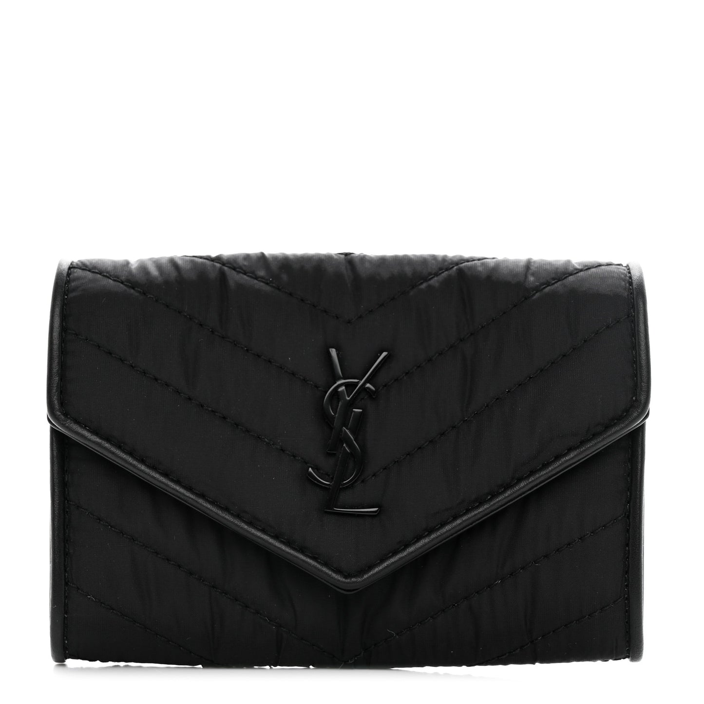 Calfskin Nylon Matelasse Chevron Small Monogram Envelope Wallet Black