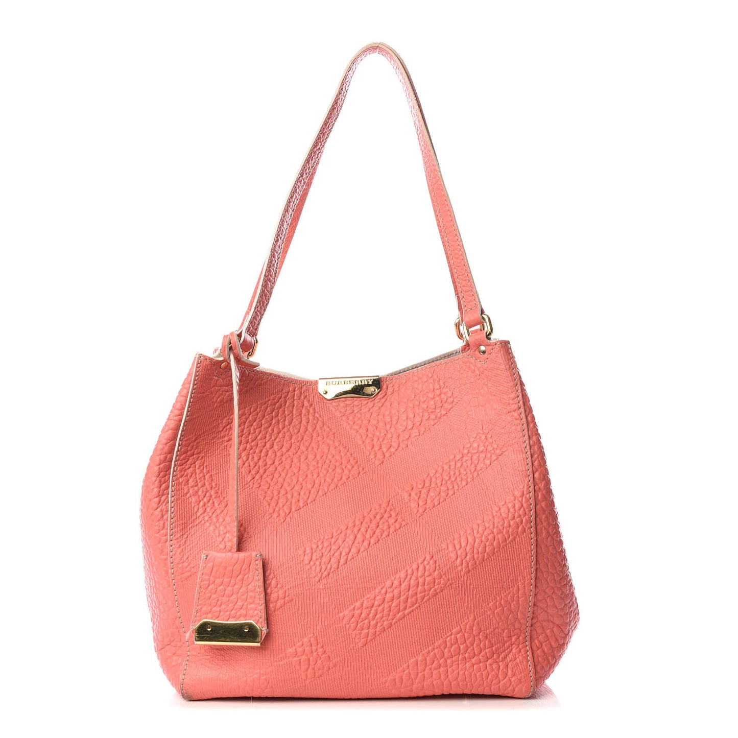 Signature Grain Calfskin Check Embossed Small Canterbury Tote Rose Pink