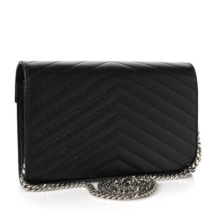 Saint Laurent Grain De Poudre Matelasse Chevron Monogram Chain Wallet Black 3 of 9