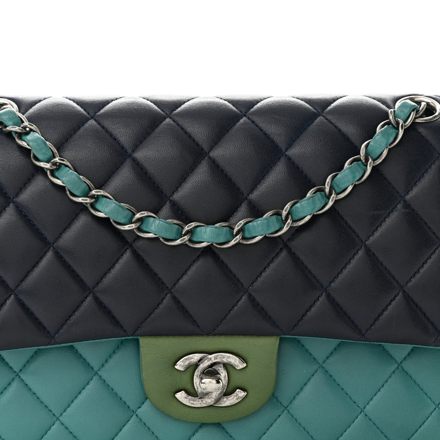 Lambskin Quilted Tri-Color Medium Double Flap Navy Blue Green