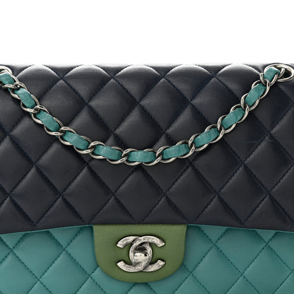 Chanel Lambskin Quilted Tri-Color Medium Double Flap Navy Blue Green 8 of 13