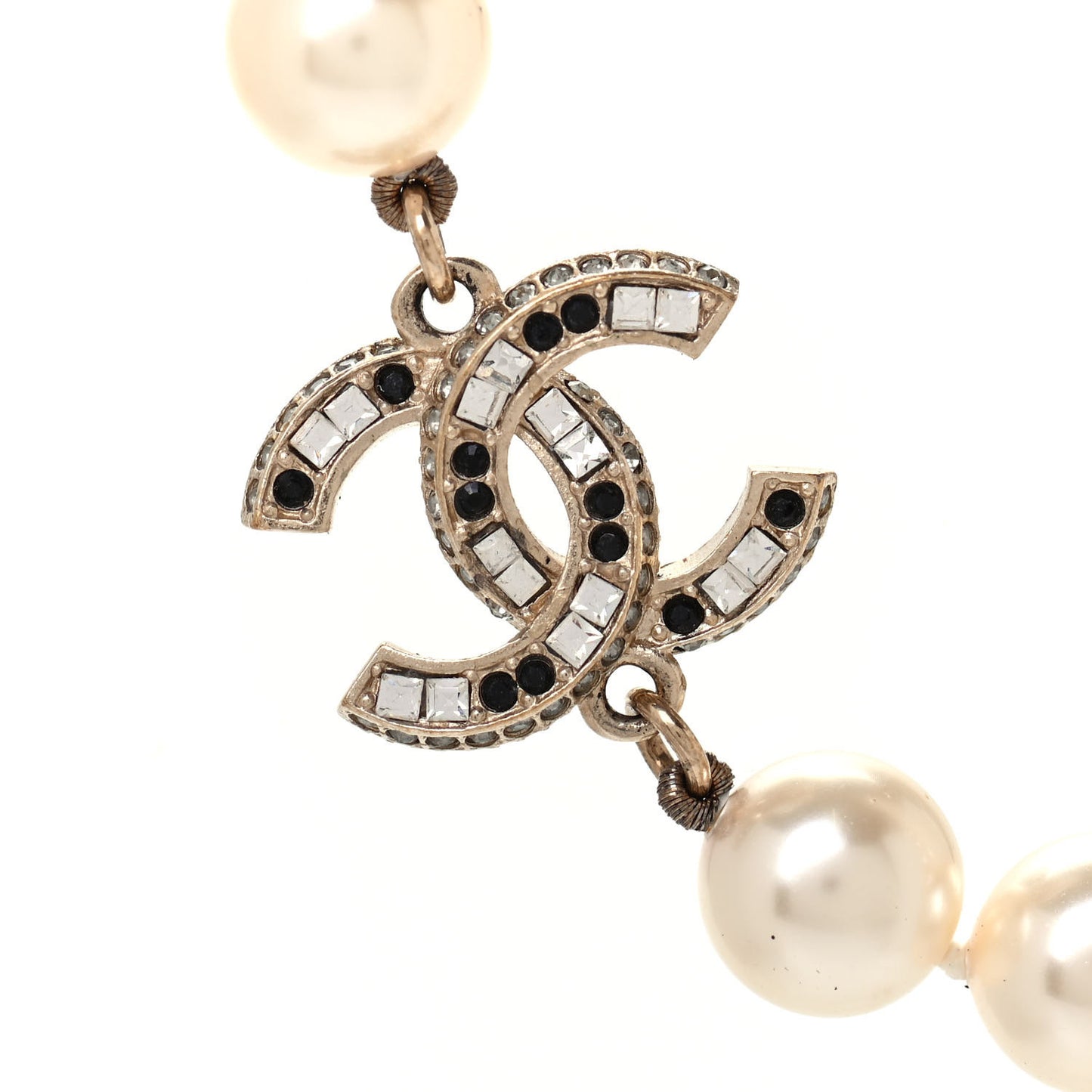 Graduated Pearl Crystal CC Long Necklace Gold Black