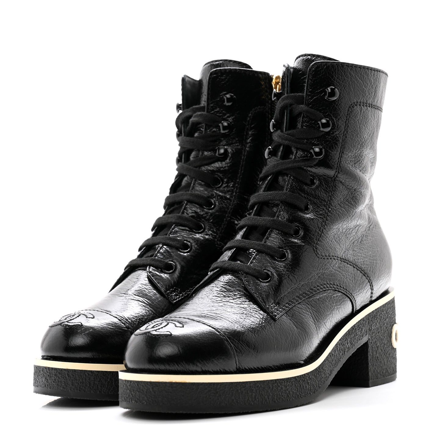 Shiny Crumpled Lambskin Lace Up Combat Boots 36 Black
