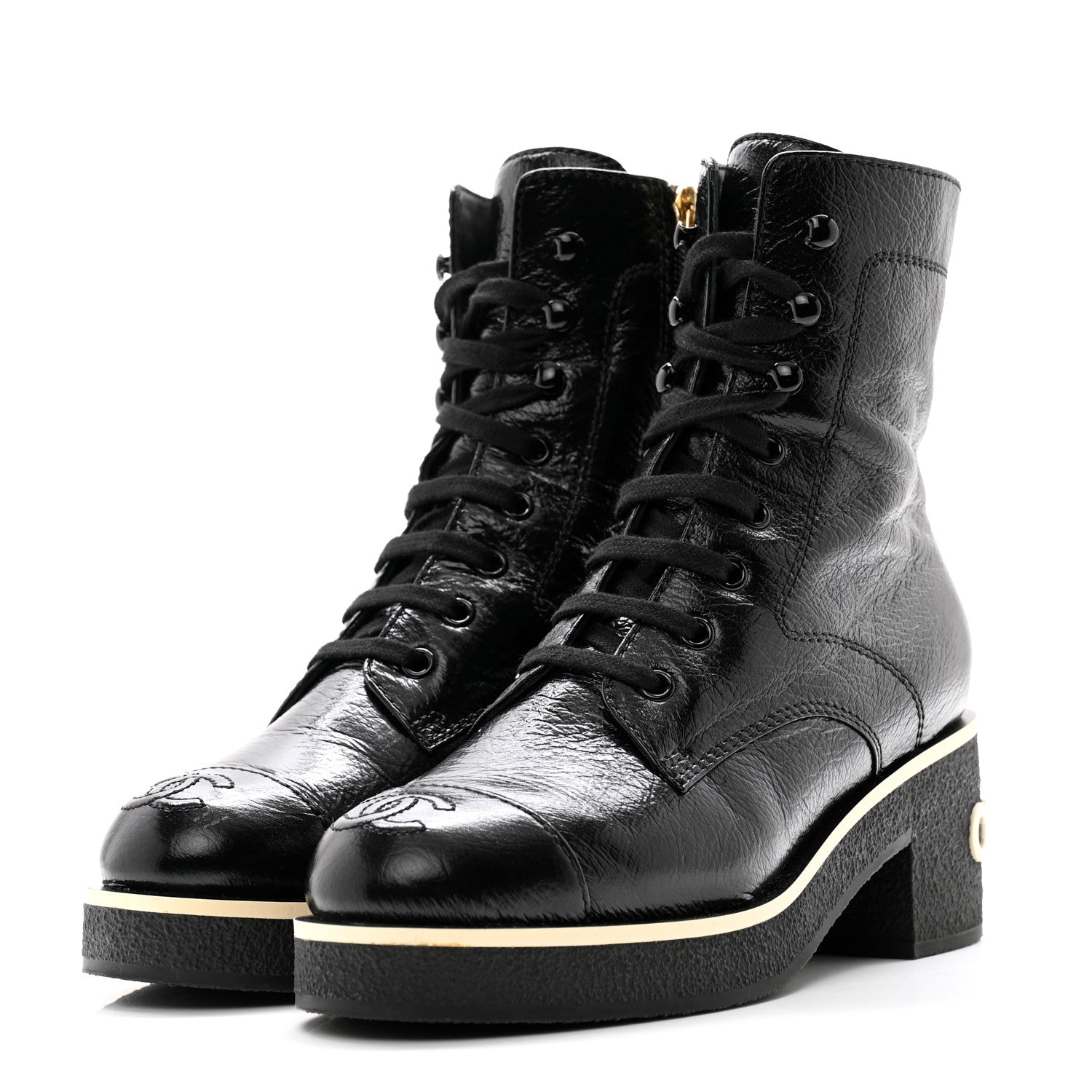 Chanel Shiny Crumpled Lambskin Lace Up Combat Boots 36 Black 3 of 10