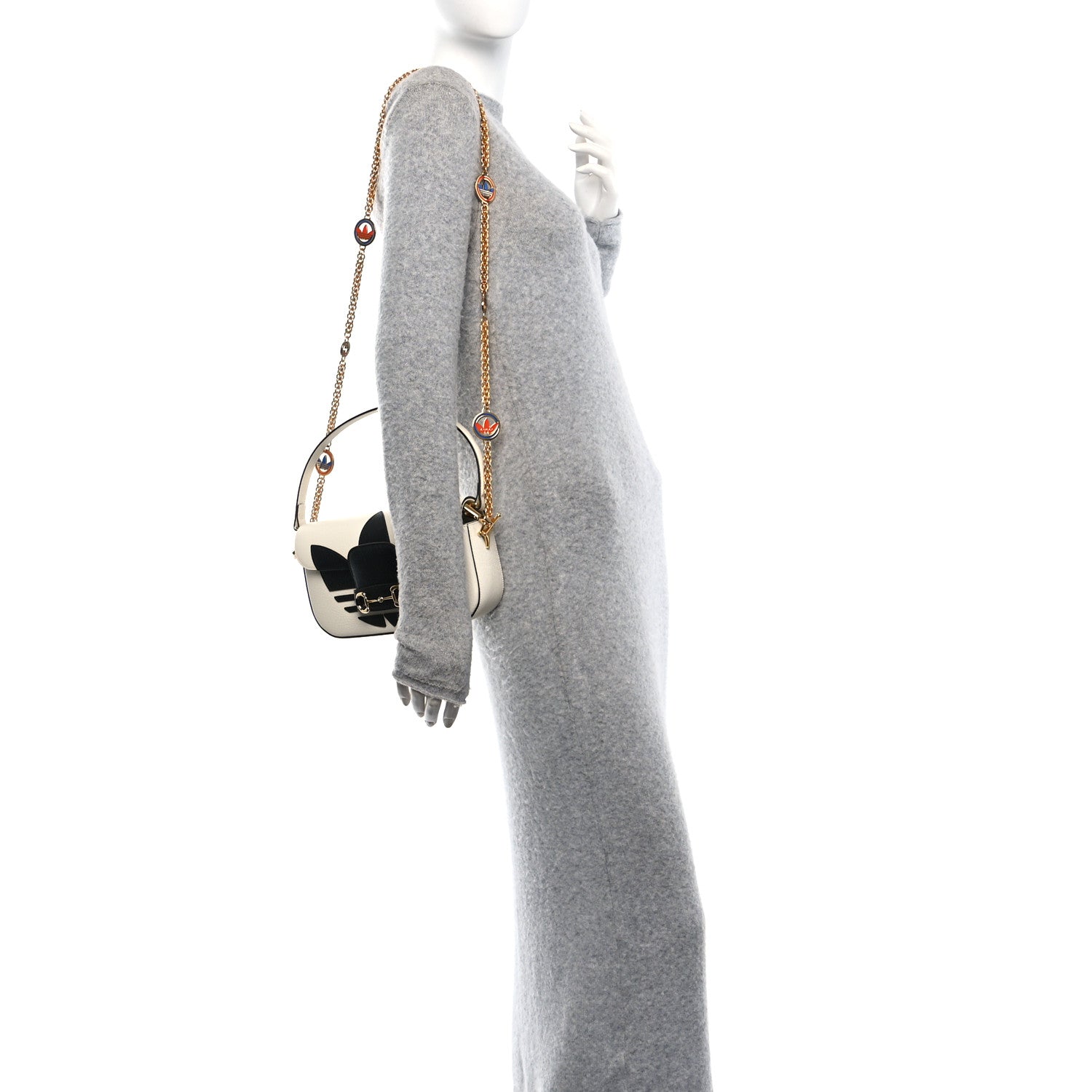 Gucci X ADIDAS Textured Dollar Calfskin Web Small Trefoil Horsebit 1955 Shoulder Bag White 2 of 10