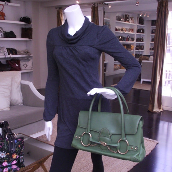 Leather Large Horsebit Flap Tote Hobo Bag Green