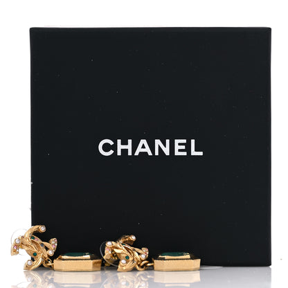 Chanel Crystal Pearl Glitter CC Drop Earrings Gold Green 5 of 5