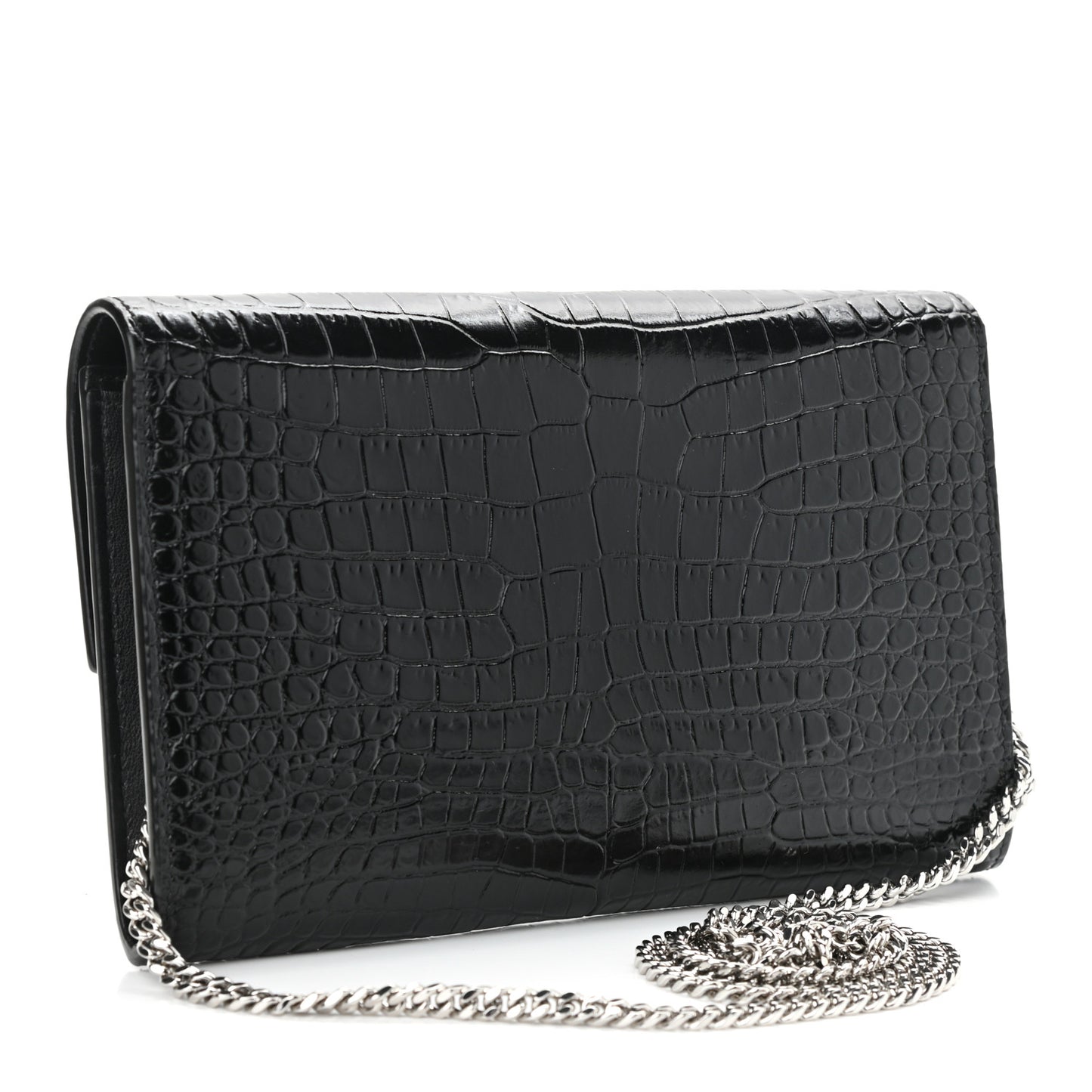 Calfskin Crocodile Embossed Monogram Uptown Chain Wallet Black