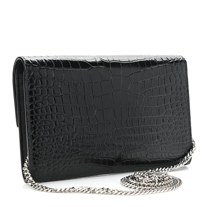 Saint Laurent Calfskin Crocodile Embossed Monogram Uptown Chain Wallet Black 3 of 11