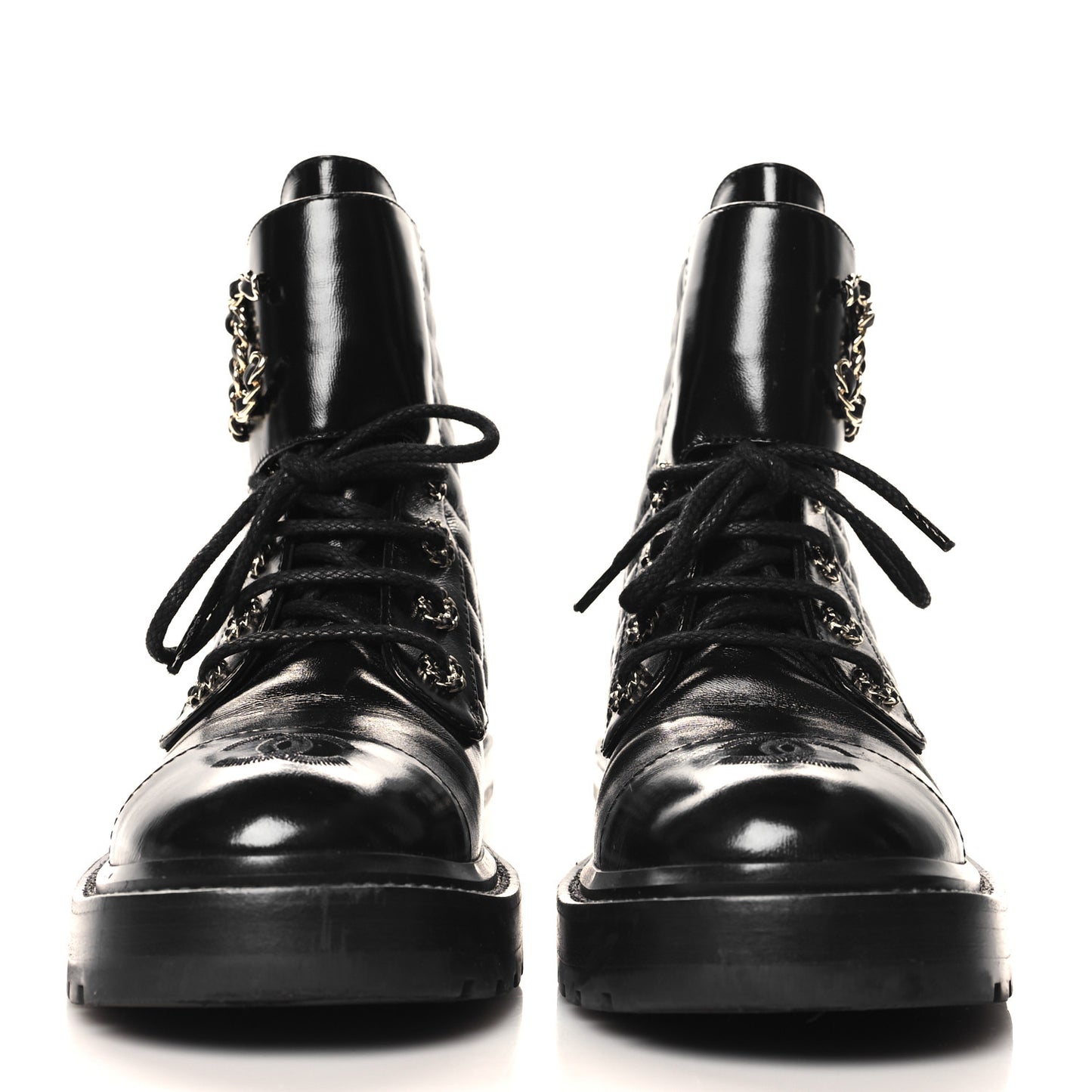 Shiny Goatskin Calfskin Quilted Lace Up Combat Boots 38 Black
