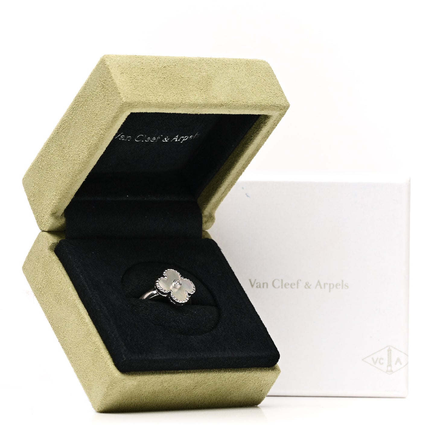 18K White Gold Diamond Mother of Pearl Vintage Alhambra Ring 51 5.75
