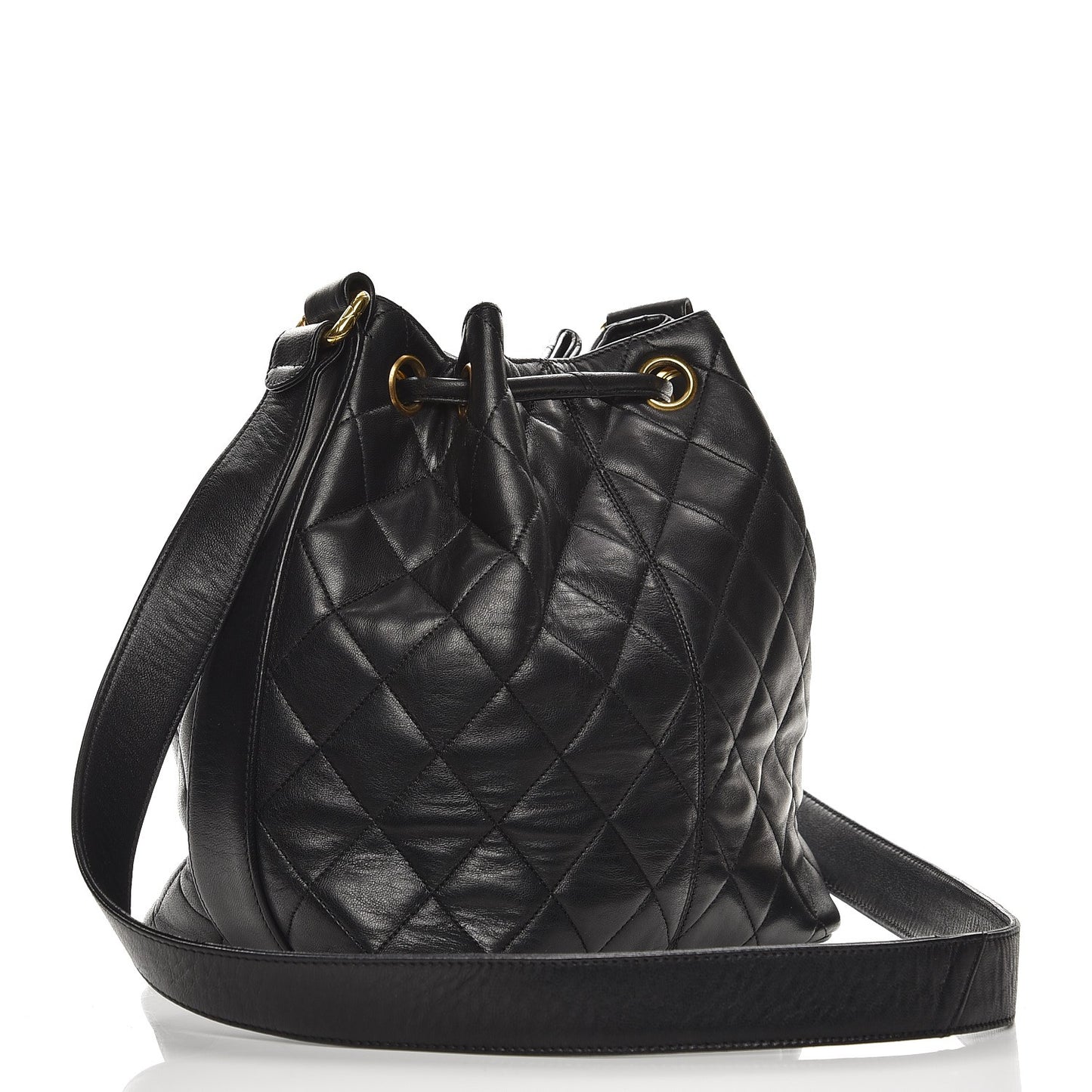 Lambskin Quilted Drawstring Shoulder Bag Black
