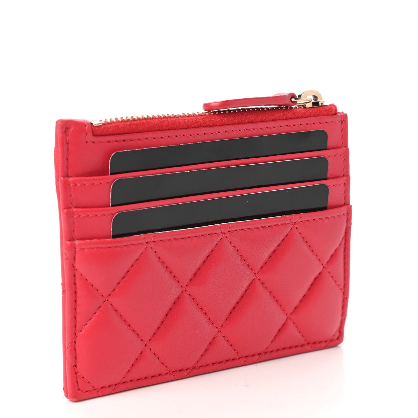 Lambskin Quilted Zip Card Holder Red