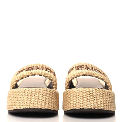 Fendi Raffia Womens FF Sunshine Flatform Slide Sandals 38.5 Beige 3 of 9