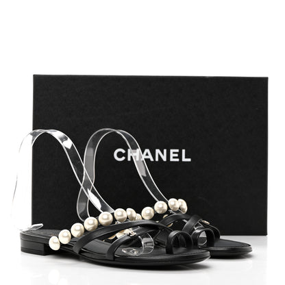 Chanel Lambskin Pearl Toe Ring Sandals 37 Black 8 of 8