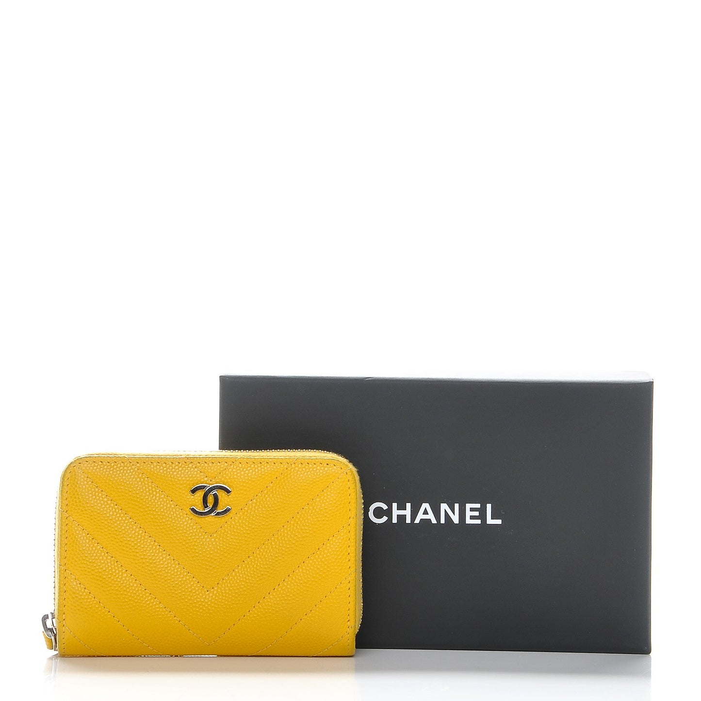 Caviar Chevron Quilted Zip Coin Purse Yellow