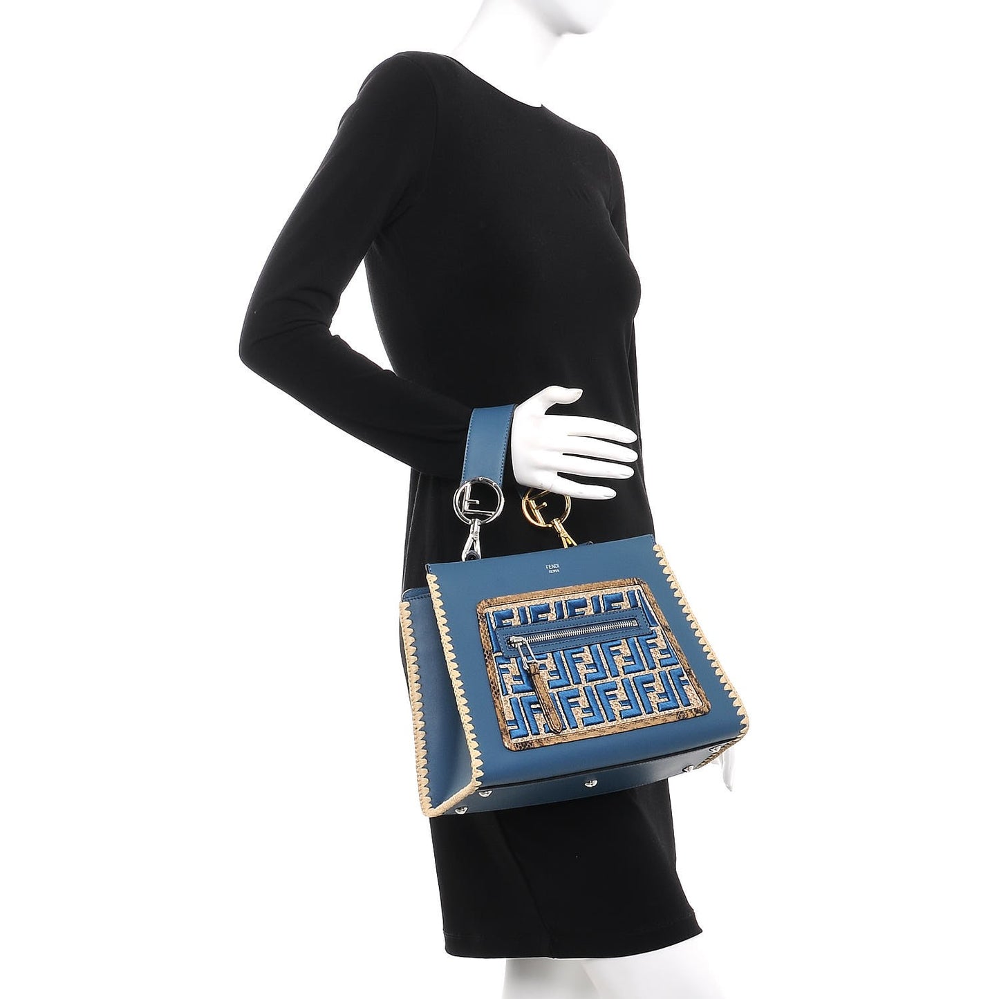Vitello Century Raffia Elaphe F is Fendi FF Woven Embroidered Small Runaway Satchel Blue
