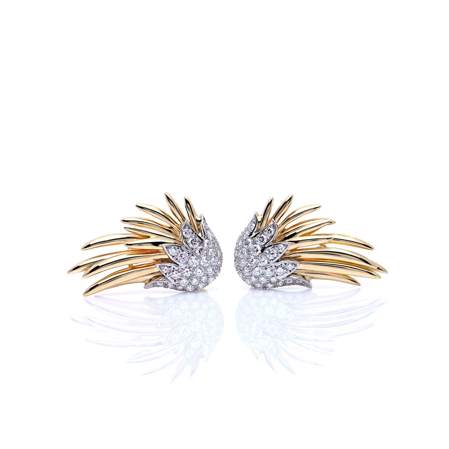 18K Yellow Gold Platinum Diamond Schlumberger Flame Earrings