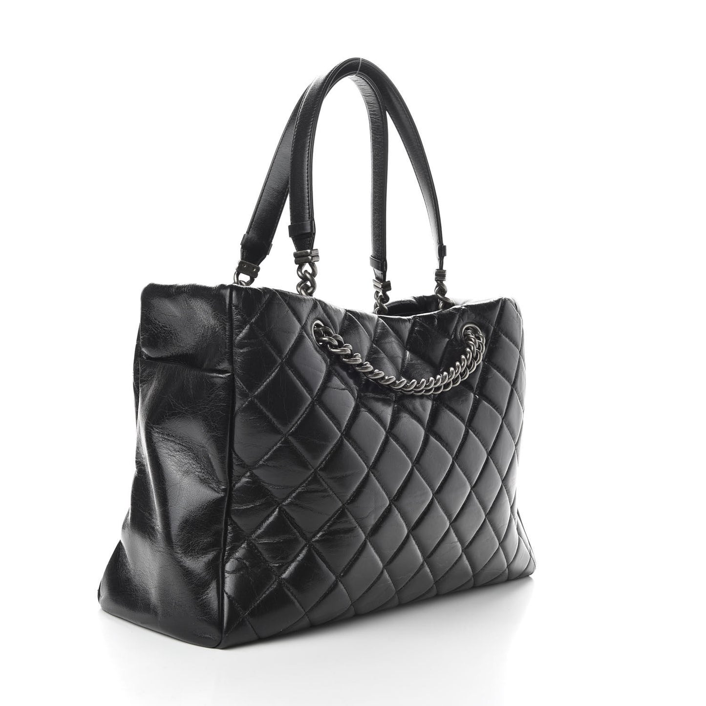 Glazed Calfskin Quilted Large Nameplate Shopping Tote Black