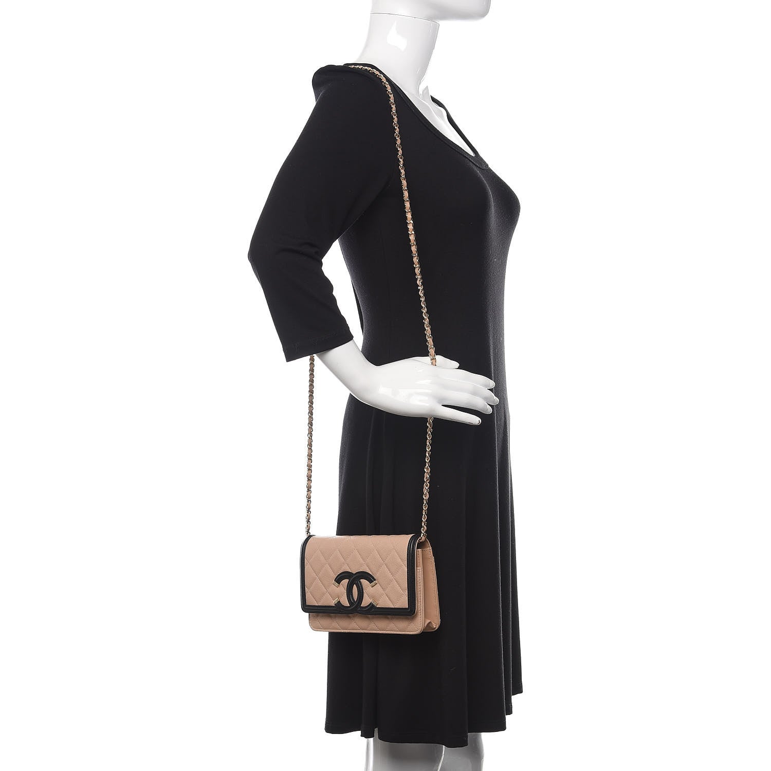 Chanel Caviar Quilted CC Filigree Wallet On Chain WOC Beige Black 2 of 12