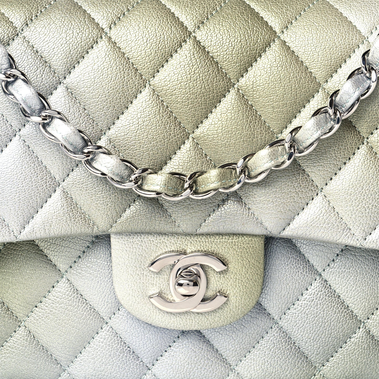 Metallic Goatskin Quilted Ombre Medium Double Flap Grey Green