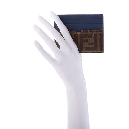 Fendi Vitello Century Glazed Fabric FF 1974 Card Holder Blu Scuro Mogano Panna 2 of 7