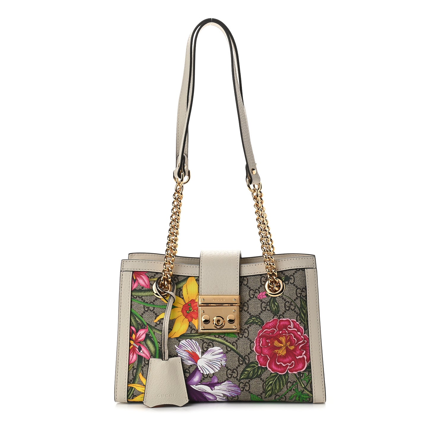 GG Supreme Monogram Flora Textured Calfskin Small Padlock Tote Beige Ebony Multicolor Mystic White