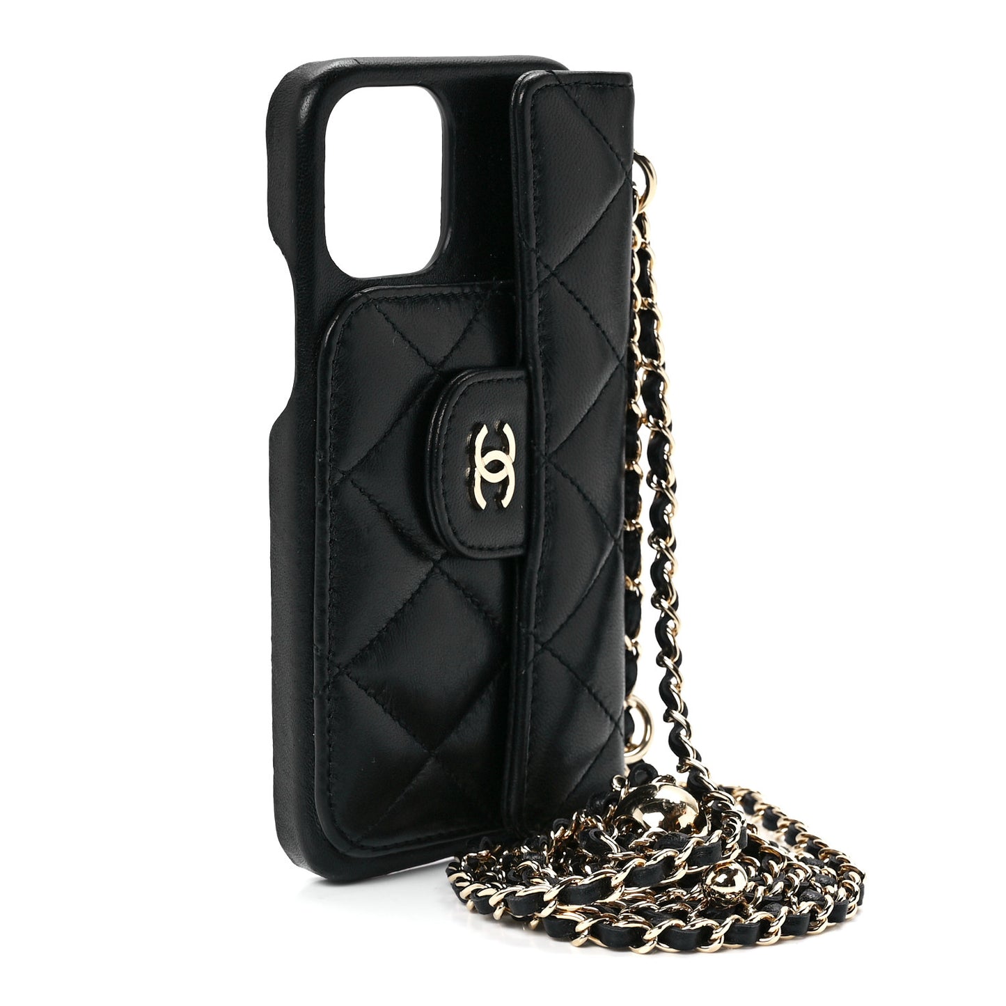 Lambskin Quilted Pearl Crush iPhone XII Pro Holder With Chain Black