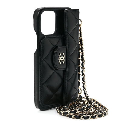Chanel Lambskin Quilted Pearl Crush iPhone XII Pro Holder With Chain Black 2 of 11