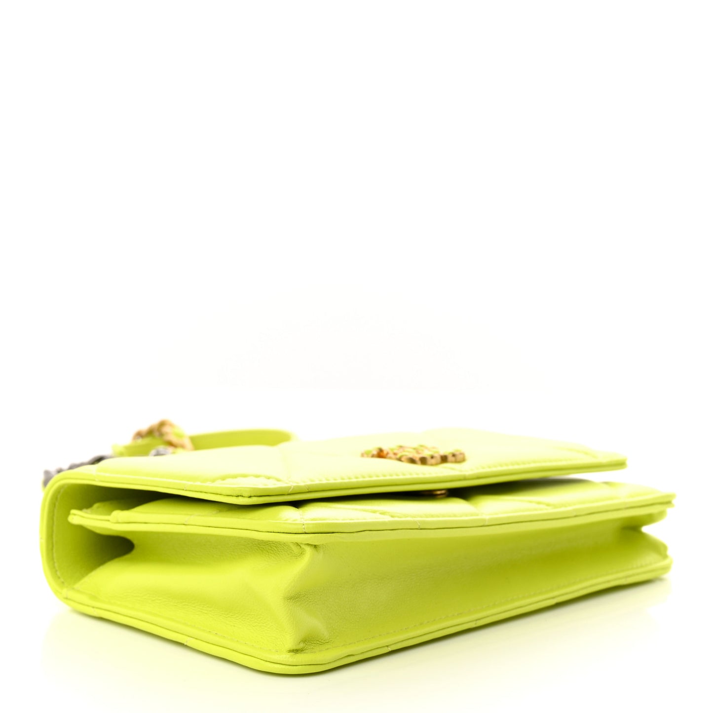 Shiny Lambskin Quilted Chanel 19 Wallet On Chain WOC Neon Yellow