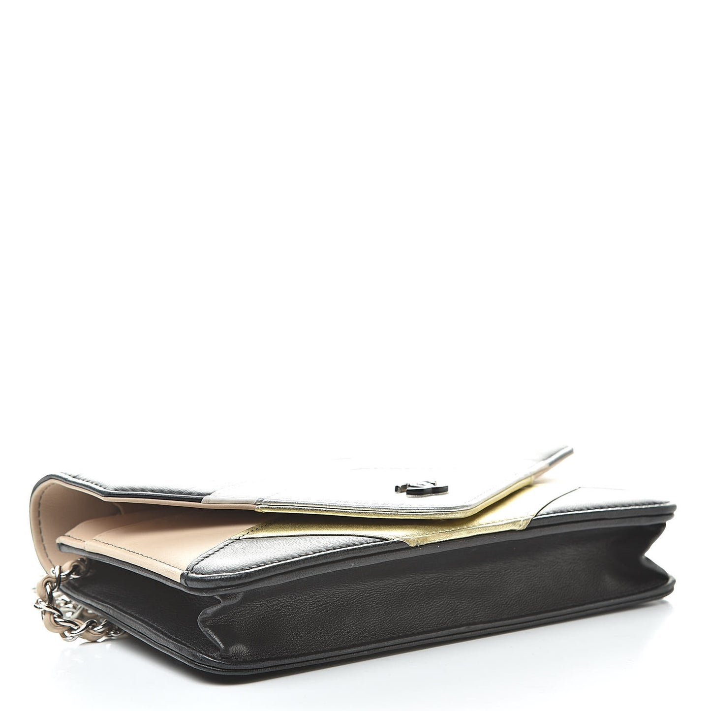 Metallic Lambskin Chevron Wallet On Chain WOC Black Beige