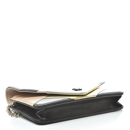 Chanel Metallic Lambskin Chevron Wallet On Chain WOC Black Beige 4 of 15