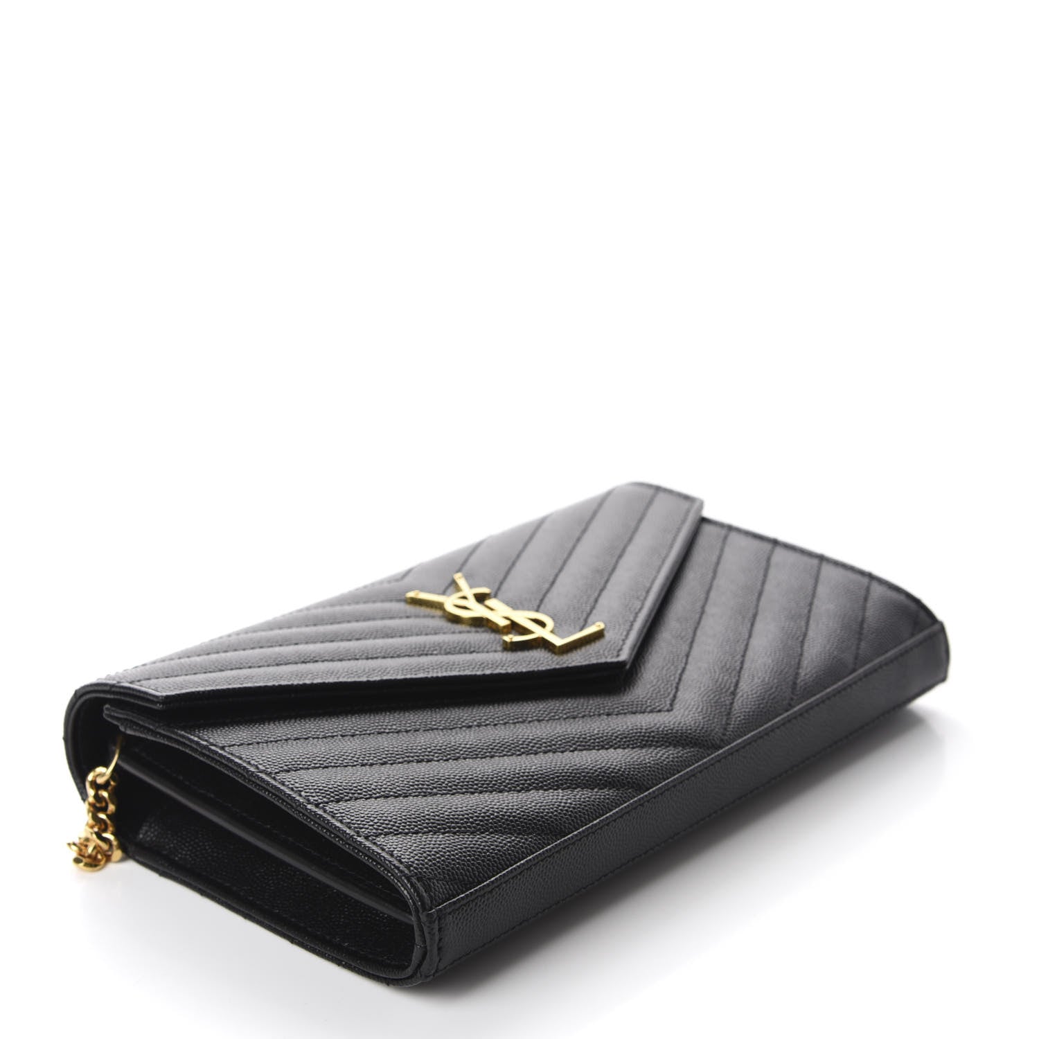 Saint Laurent Grain De Poudre Matelasse Chevron Monogram Chain Wallet Black 4 of 10