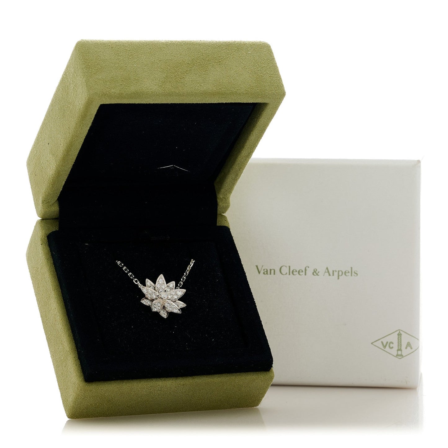 18K White Gold Diamond Small Lotus Pendant Necklace
