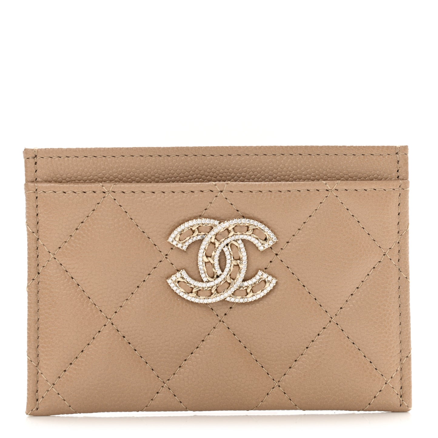 Caviar Quilted Crystal Card Holder Beige