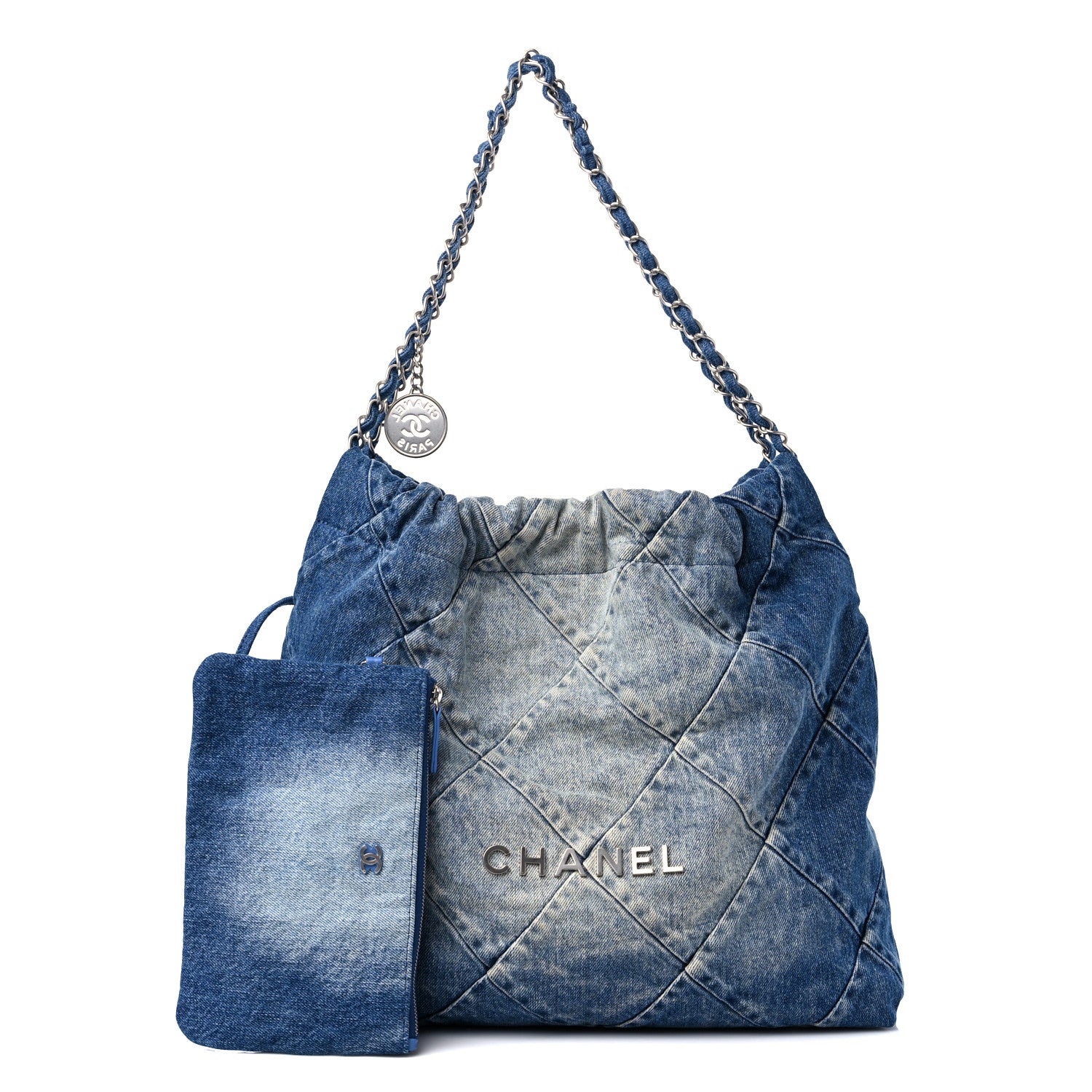 CHANEL Denim Quilted Chanel 22 in the color Blue by FASHIONPHILE