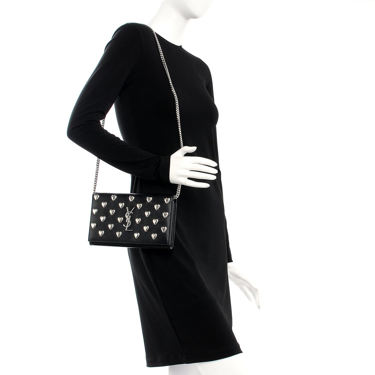 Calfskin Heart Studded Monogram Chain Wallet Black