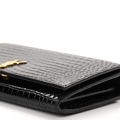 Saint Laurent Calfskin Crocodile Embossed Monogram Chain Wallet Black 9 of 10