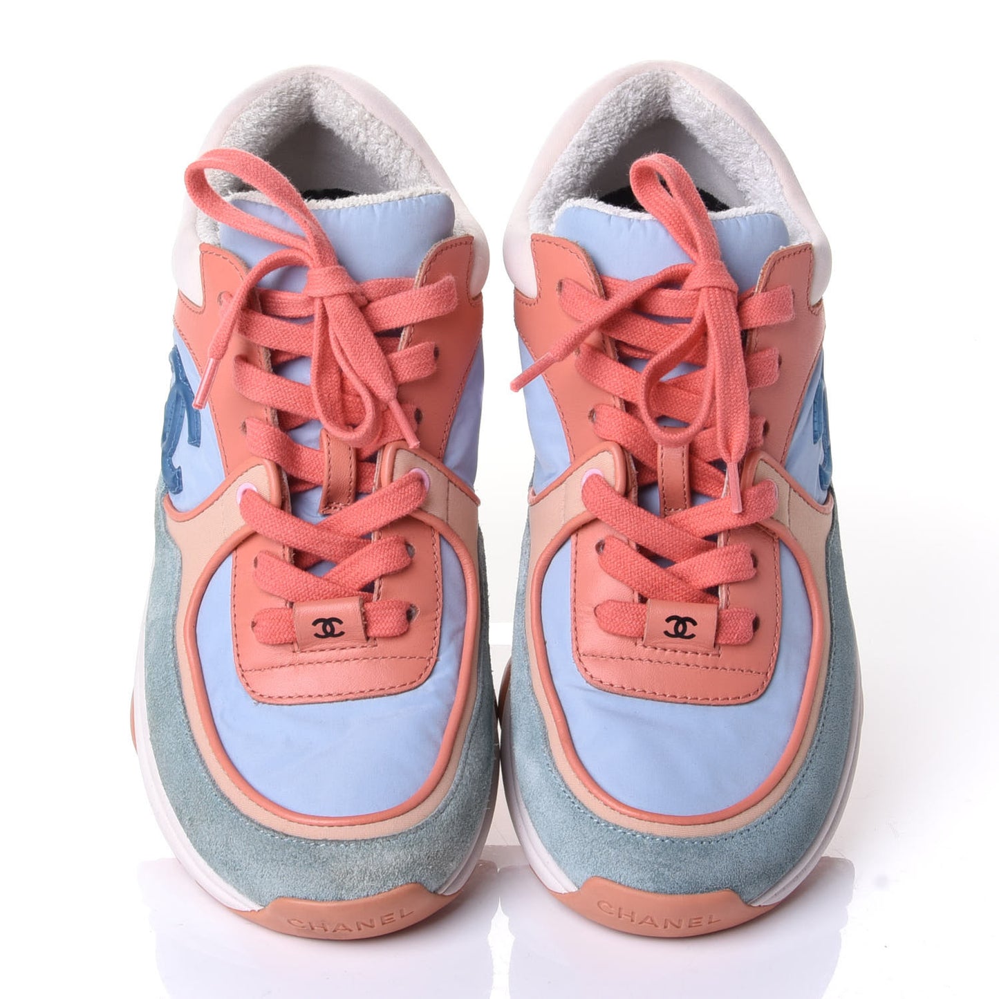 Nylon Lambskin Suede Calfskin CC Sneakers 36 Coral Light Blue White