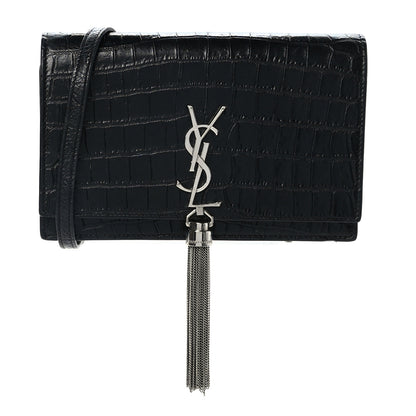 Saint Laurent Calfskin Crocodile Embossed Kate Monogram Tassel Chain Wallet Black 1 of 8