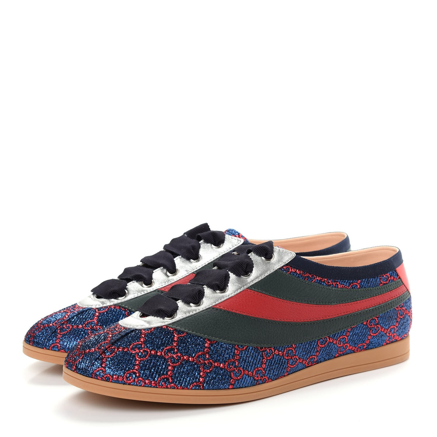 Gucci Lurex Calfskin Web GG Monogram Mens Falacer Sneakers 8.5 Iridescent Blue Iridescent Red Silver 3 of 11